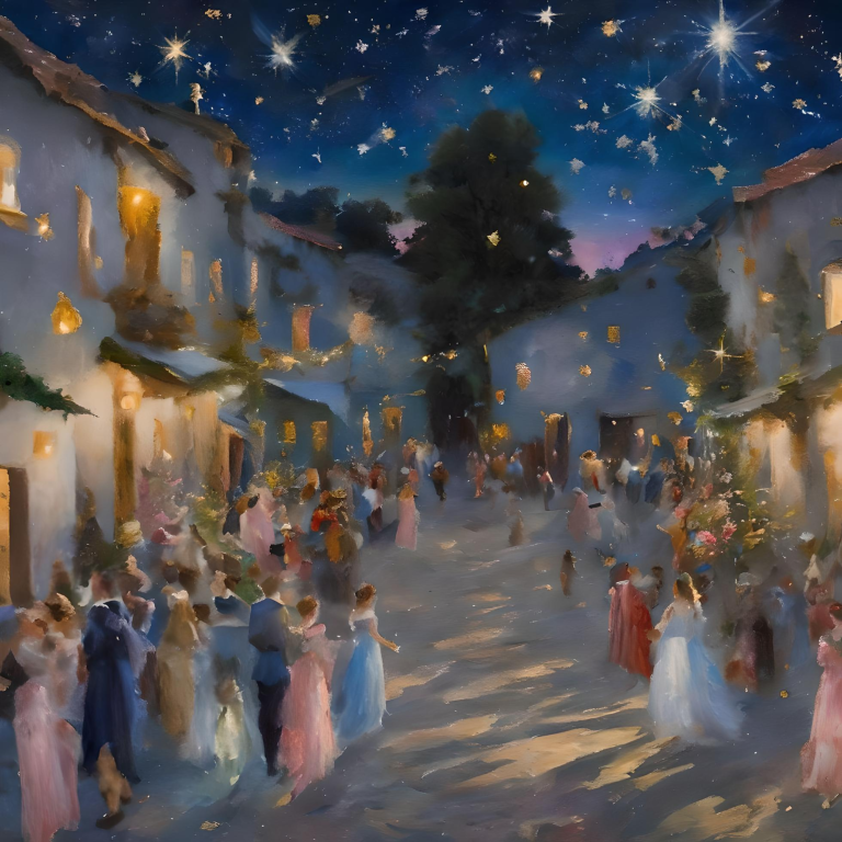 A vibrant evening scene with people dancing and twinkling stars above.